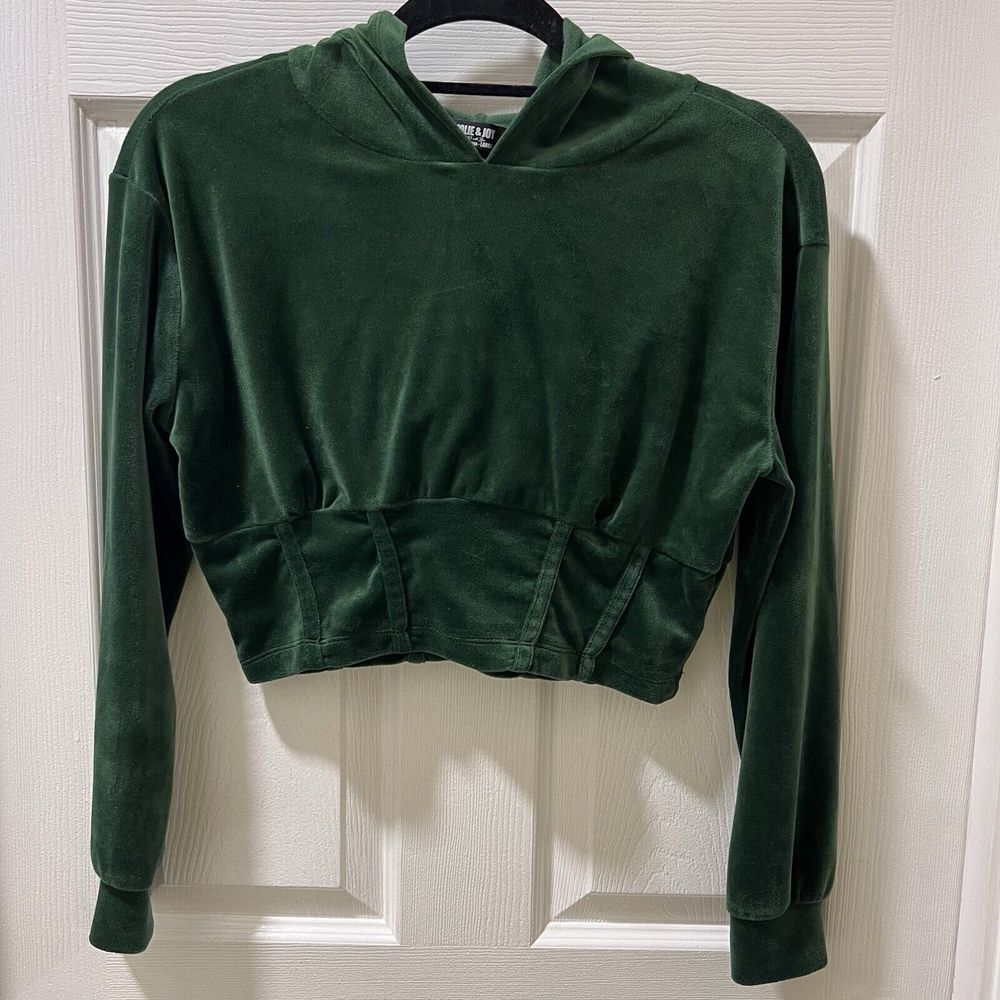 JOLIE & JOY Cropped Hoodie Sweater Womens Velour Green Pullover Long Sleeve SZ L